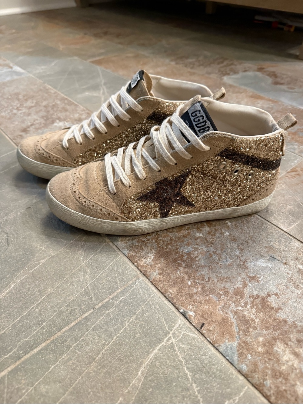 Golden Goose Beige Suede & Gold Glitter High-Top Sneakers